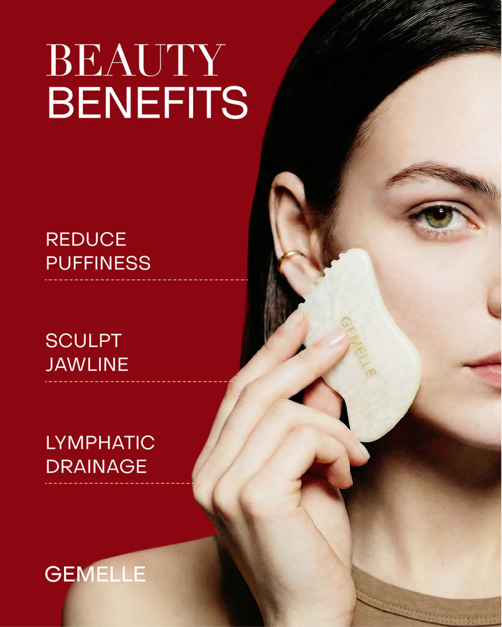 Beauty Benefits of White Jade Gua Sha tool with a GEMELLE Woman using with text highlighting lymphatic beauty benefits on a red background