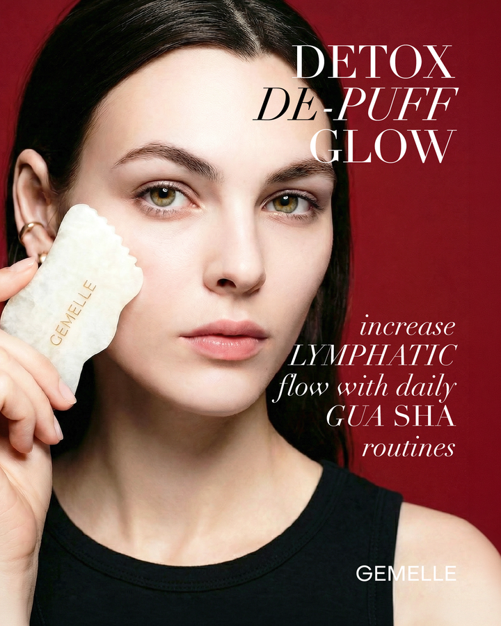 Woman using GEMELLE White Jade Gua Sha tool on her face with text about detox, de-puff, glow, and lymphatic flow.