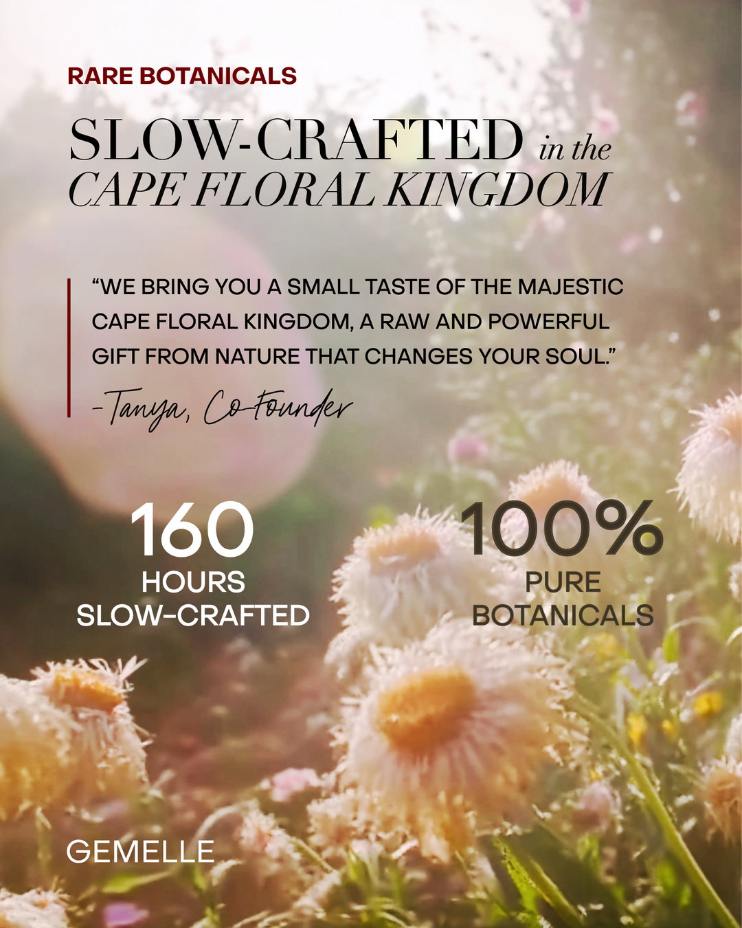 GEMELLE rare botanicals image with slow-crafted botanical background and text images of flowers.