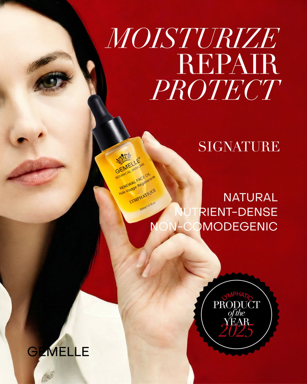 GEMELLE Woman holding Signature Renewal 30ml with text 'Moisturize Repair Protect' on a red background.