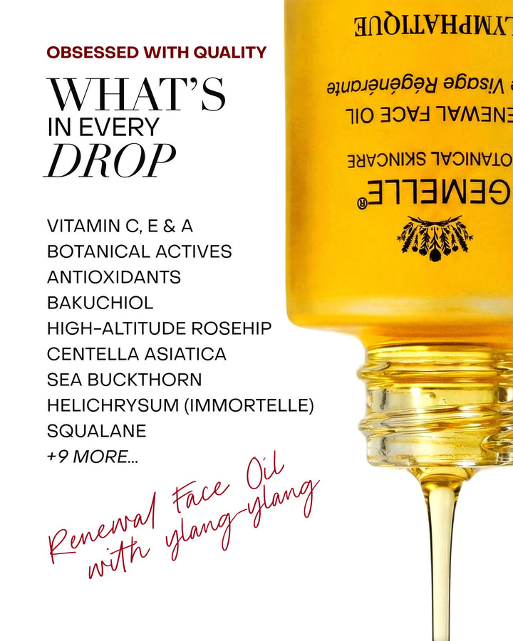 GEMELLE Renewal Face oil ingredients dripping from bottle