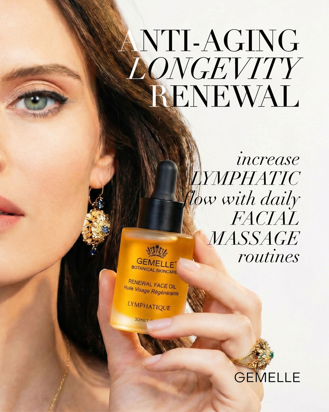 Woman holding a bottle of GEMELLE Signature Renewal 30ml skincare product with text about anti-aging and lymphatic flow.