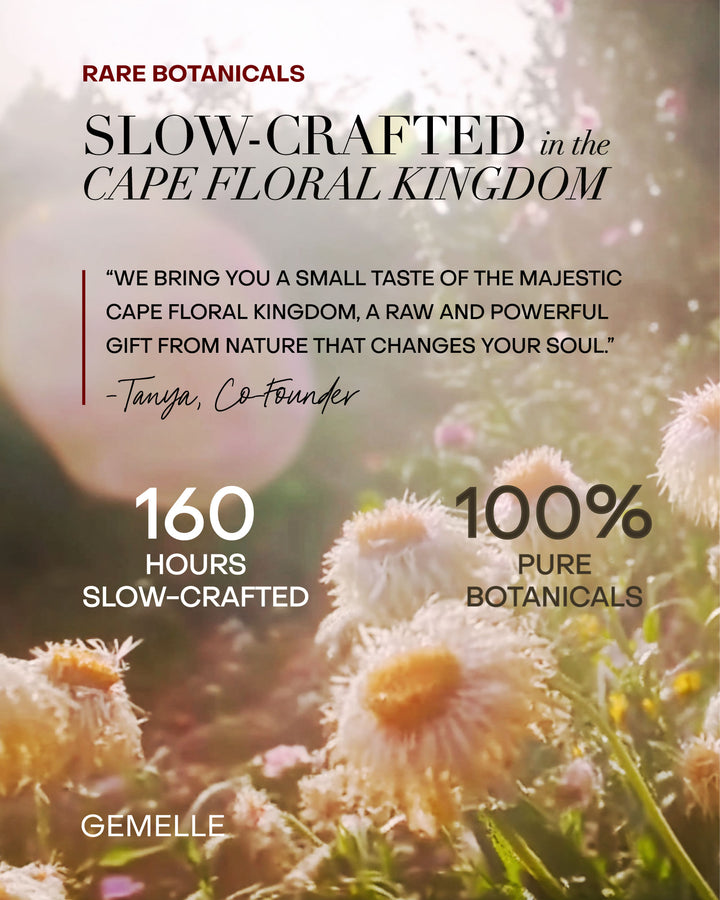 GEMELLE rare botanicals with flower background